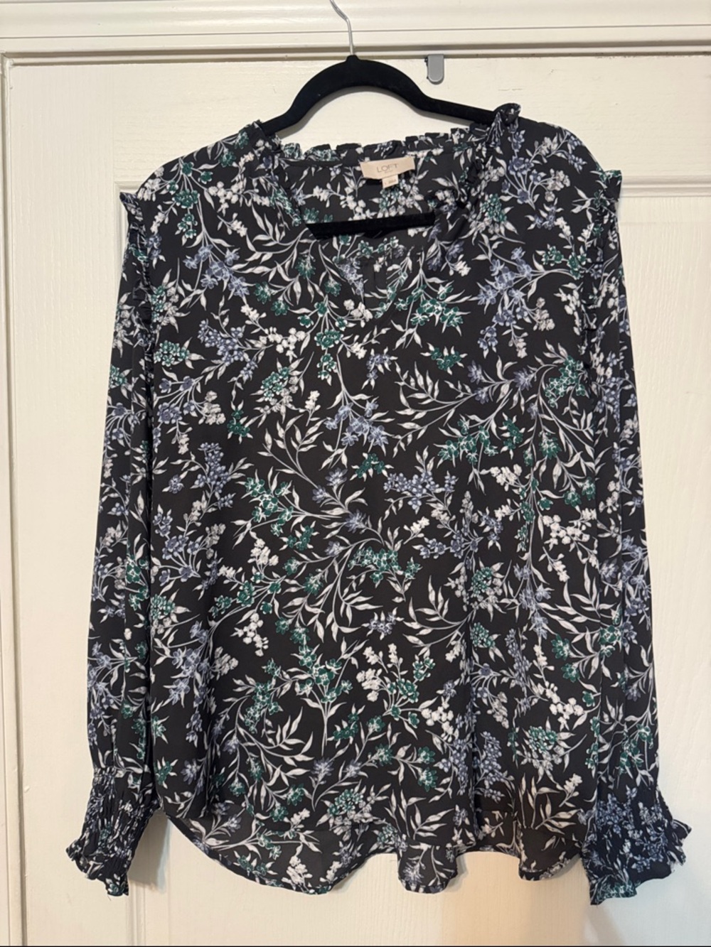 LOFT Black Floral Ruffle-Trim Long Sleeve Blouse